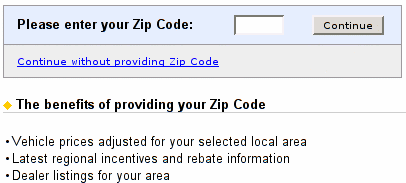 Screenshot, with 'please enter your zip code' prompt