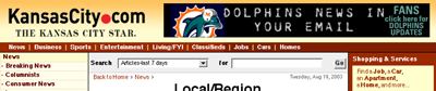 Screenshot of KansasCity.com, with ad to 'Click here for [Miami] Dolphins updates'